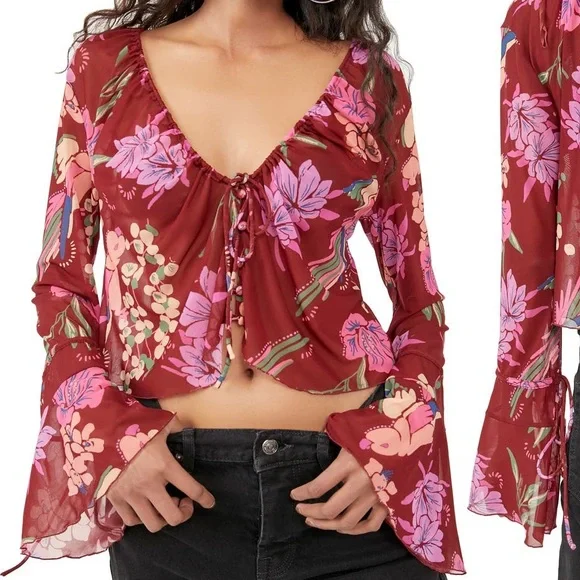 26. Free People Of Paradise Floral Bell Sleeve Blouse - Picture 1 of 6